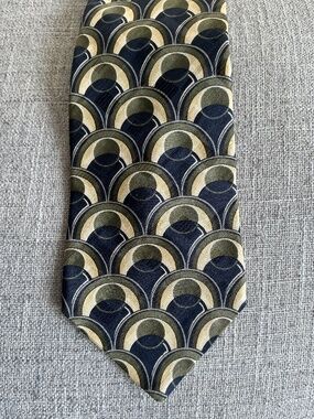 Courreges Homme 100% Italian Silk Tie Deco Arches Yellow Green Navy Made USA